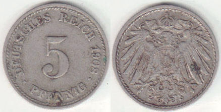 1908 D Germany 5 Pfennig A008086
